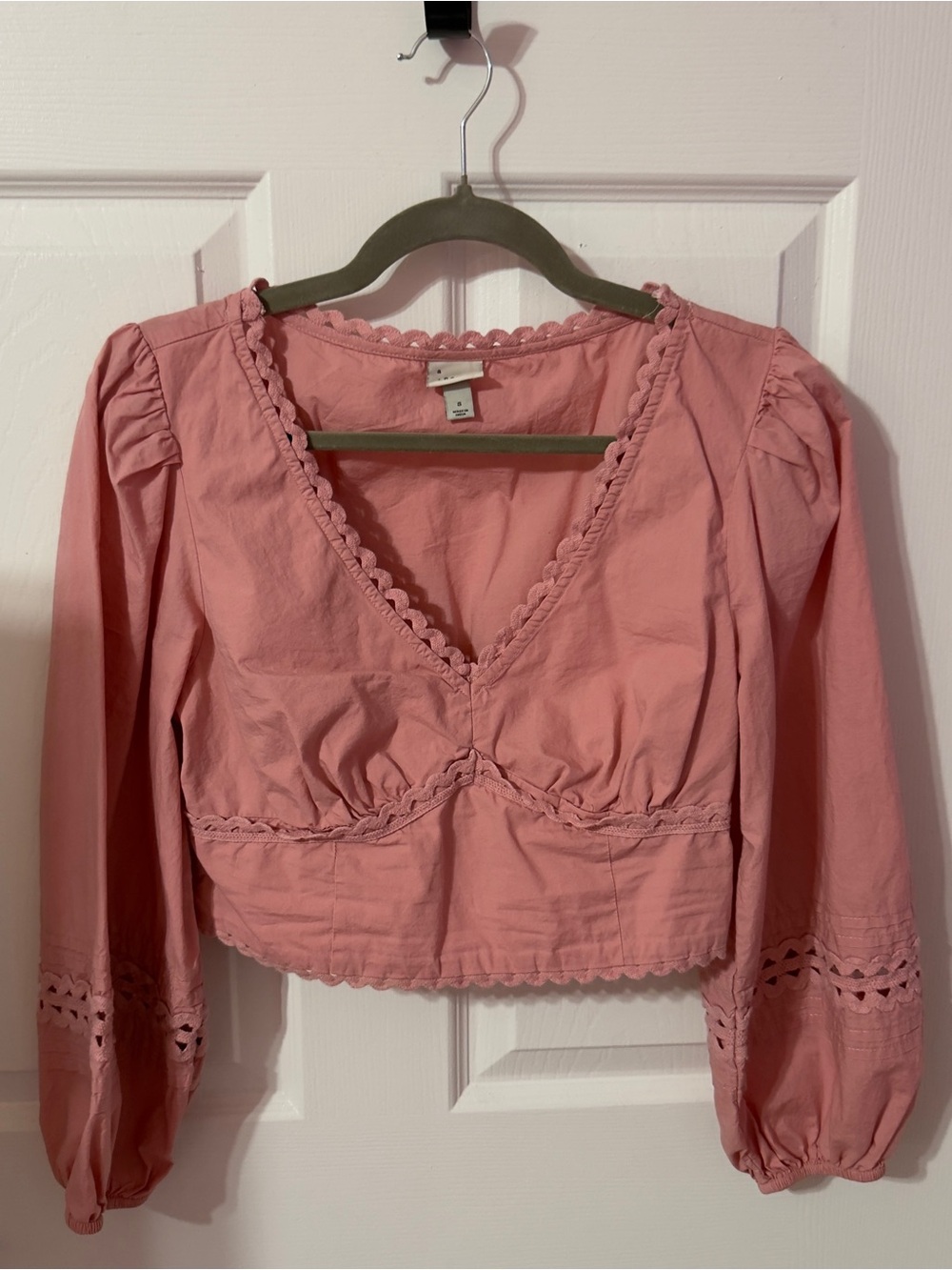 a new day Pink Cropped V-Neck Long Sleeve Blouse